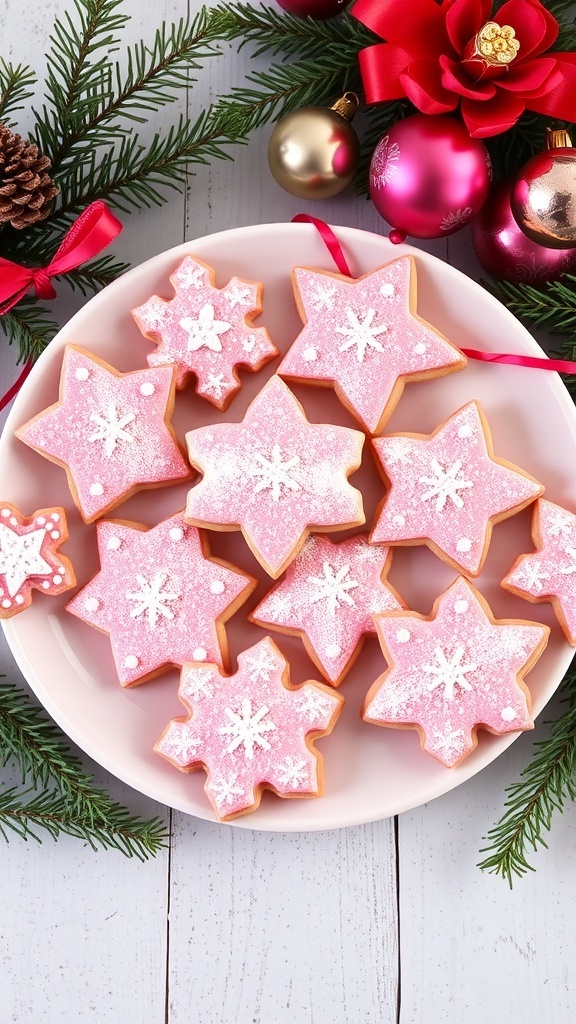 A festive plate of pink Christmas cookies with powdered sugar, surrounded by holiday decorations.